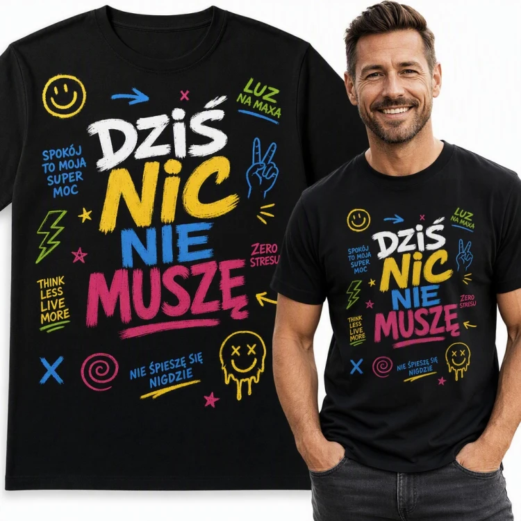 Koszulka męska „Dziś nic nie muszę” - kolorowe graffiti z emotkami i hasłami o luzie