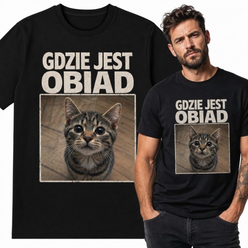 Koszulka męska z pręgowanym kotem „Gdzie jest obiad” - dla kociarza