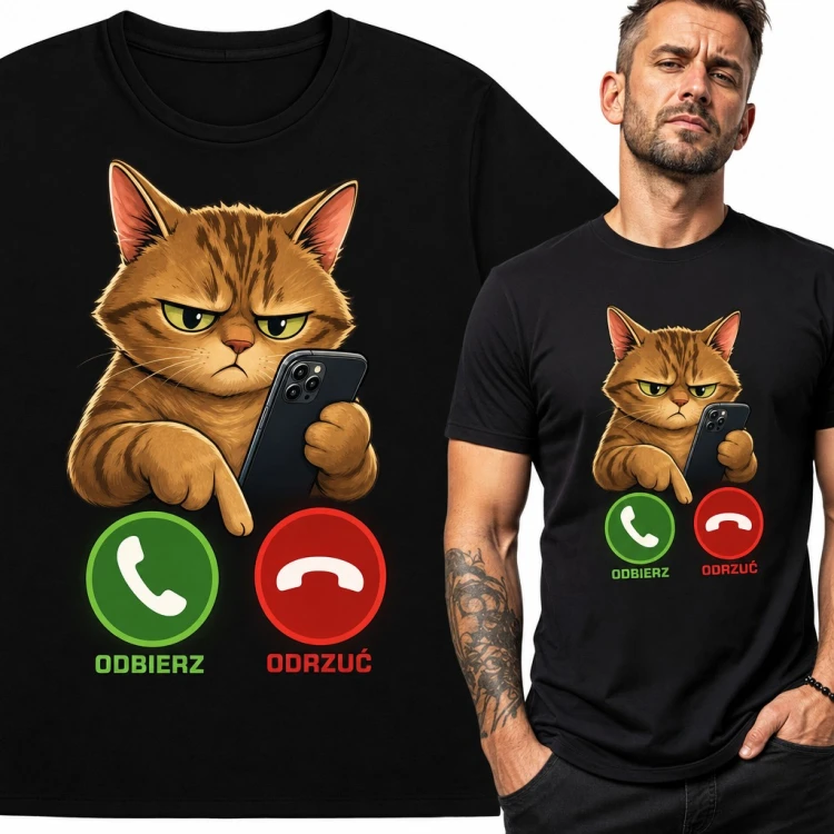 Koszulka męska „Odbierz Odrzuć” - naburmuszony kot z telefonem