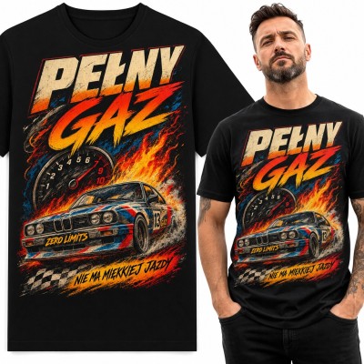 Koszulka męska „Pełny gaz” - wyścigowe auto retro w płomieniach