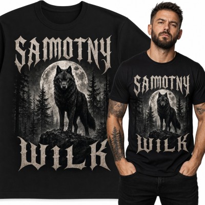 Koszulka męska „Samotny wilk” - czarny wilk na skale w pełni księżyca