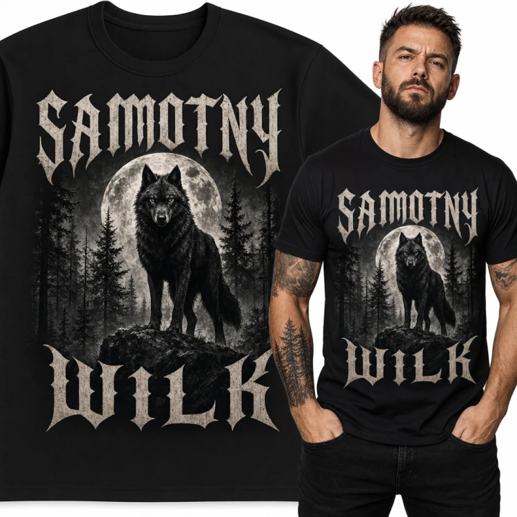 Koszulka męska „Samotny wilk” - czarny wilk na skale w pełni księżyca