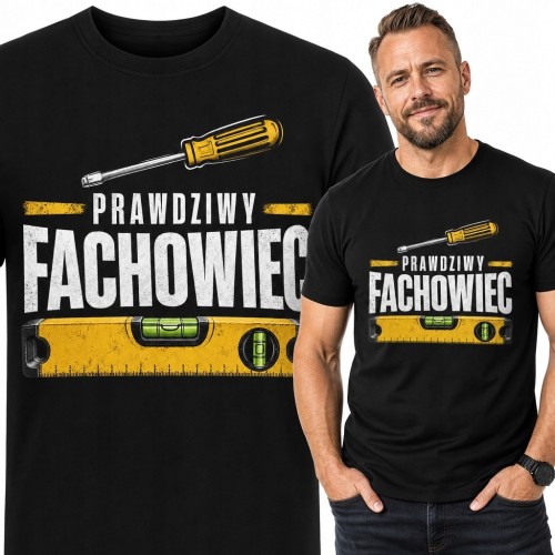 Koszulka męska dla fachowca „Prawdziwy fachowiec” - śrubokręt i poziomica