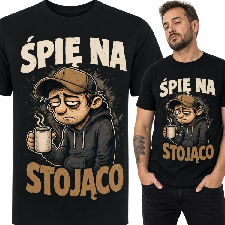 Koszulka męska „Śpię na stojąco” - niewyspany chłopak z kubkiem kawy