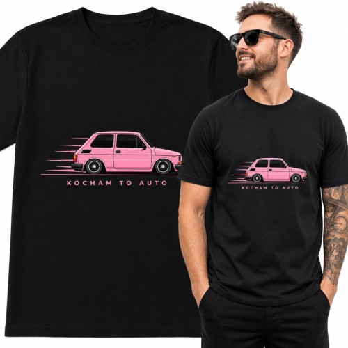 Koszulka męska z różowym maluchem - „Kocham to auto”