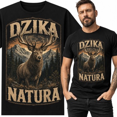 Koszulka męska „Dzika natura” - jeleń z porożem na tle gór i lasu