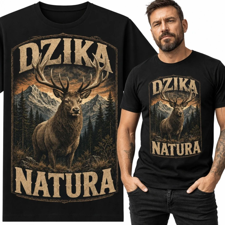 Koszulka męska „Dzika natura” - jeleń z porożem na tle gór i lasu