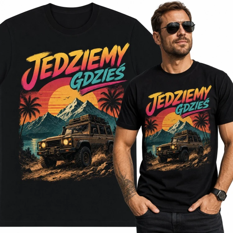 Koszulka męska „Jedziemy gdzieś” - terenówka 4x4 w górach o zachodzie słońca