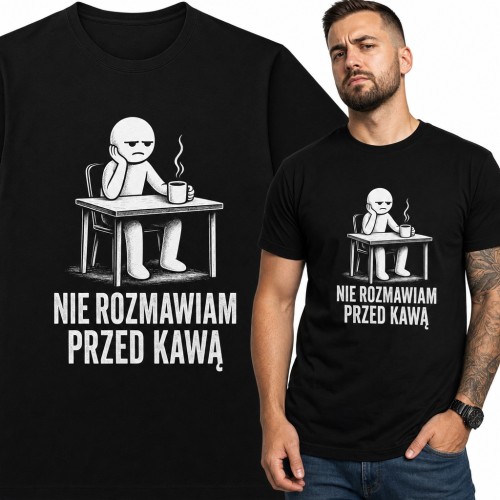 Koszulka męska „Nie rozmawiam przed kawą” - zaspany ludzik z kubkiem dla kawosza