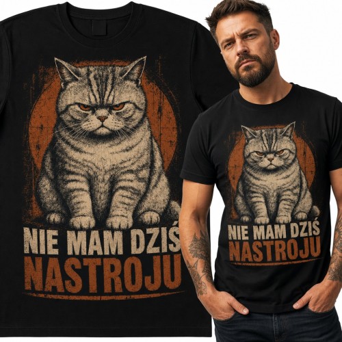 Koszulka męska z naburmuszonym kotem „Nie mam dziś nastroju”