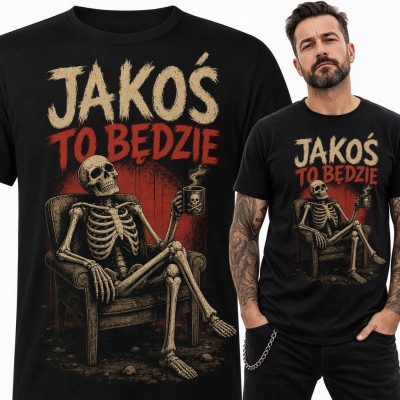 Koszulka męska „Jakoś to będzie” - szkielet z kawą w fotelu