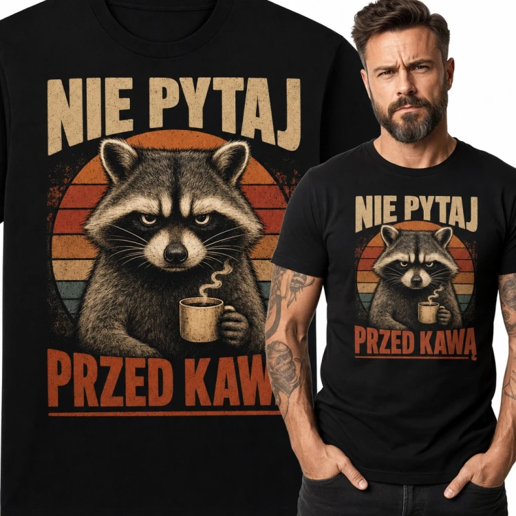 Koszulka męska z szopem praczem i kawą „Nie pytaj przed kawą”