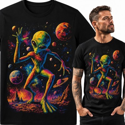 Koszulka męska z tańczącym kosmitą wśród planet - psychodeliczny kosmos