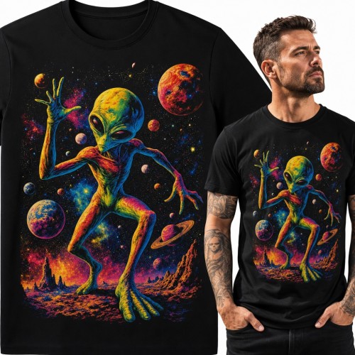 Koszulka męska z tańczącym kosmitą wśród planet - psychodeliczny kosmos