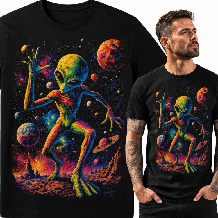 Koszulka męska z tańczącym kosmitą wśród planet - psychodeliczny kosmos