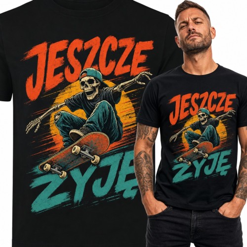 Koszulka męska „Jeszcze zyję” - szkielet na deskorolce dla skatera