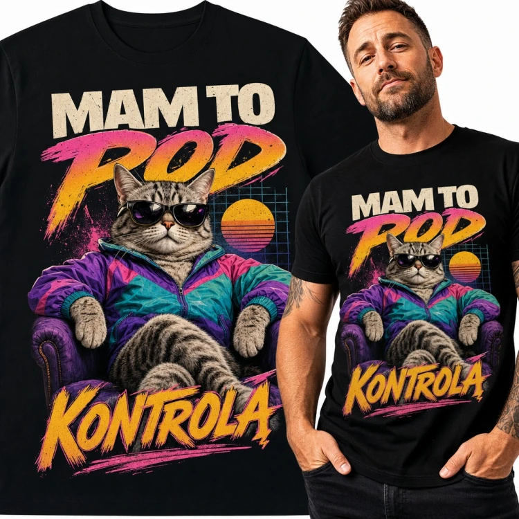 Koszulka męska „Mam to pod kontrola” - kot w okularach i ortalionie retro