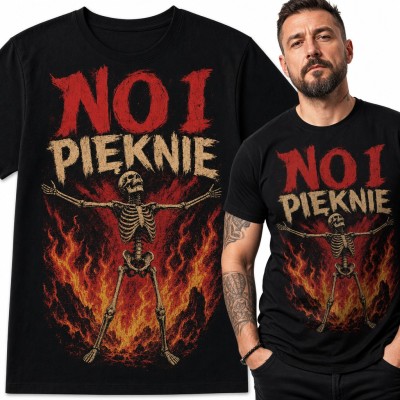 Koszulka męska „No i pięknie” - szkielet w płomieniach