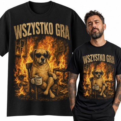 Koszulka męska „Wszystko gra” - pies z kawą w płonącym pokoju, mem This is fine