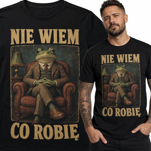 Koszulka męska „Nie wiem co robię” - żaba w garniturze w fotelu retro