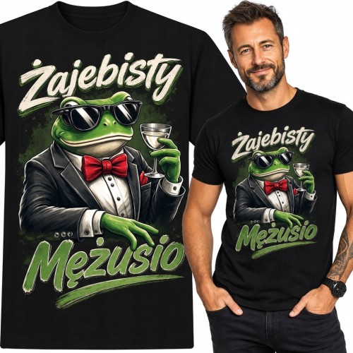 Koszulka męska „Zajebisty Mężusio” z żabą-dżentelmenem - humorystyczny wzór dla męża