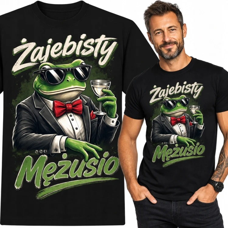 Koszulka męska „Zajebisty Mężusio” z żabą-dżentelmenem - humorystyczny wzór dla męża