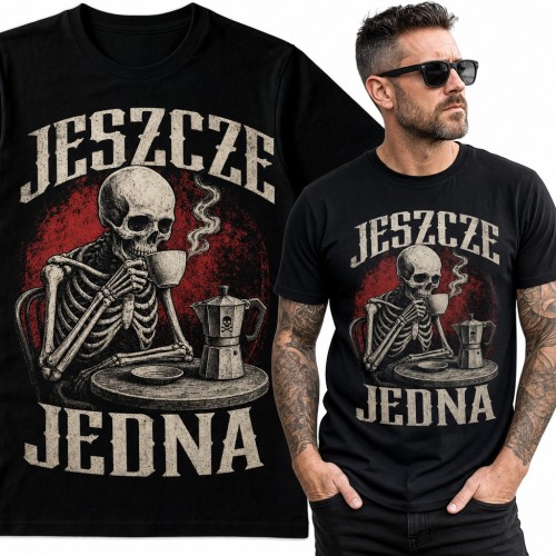 Koszulka męska „Jeszcze jedna” - szkielet z kawiarką i filiżanką kawy