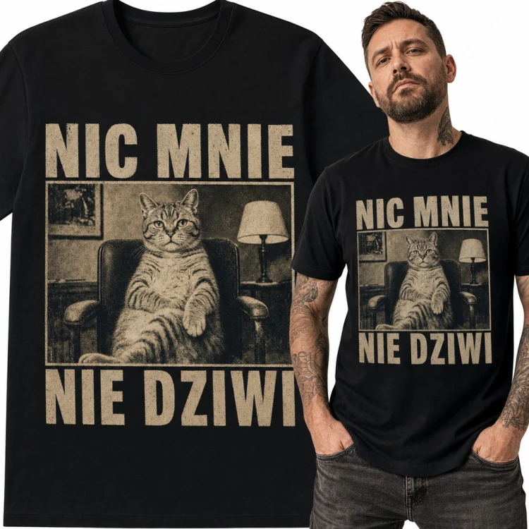 Koszulka męska „Nic mnie nie dziwi” - obojętny kot w fotelu retro