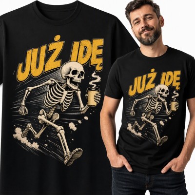Koszulka męska „Już idę” - biegnący szkielet z kawą