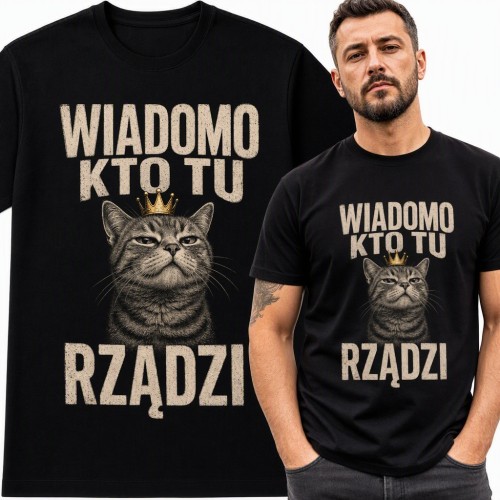 Koszulka męska z kotem w koronie „Wiadomo kto tu rządzi” - dla kociarza
