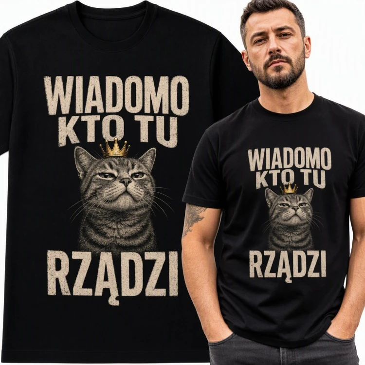Koszulka męska z kotem w koronie „Wiadomo kto tu rządzi” - dla kociarza
