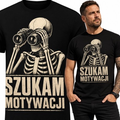 Koszulka męska „Szukam motywacji” - szkielet z lornetką