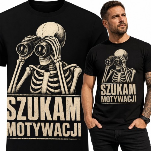 Koszulka męska „Szukam motywacji” - szkielet z lornetką