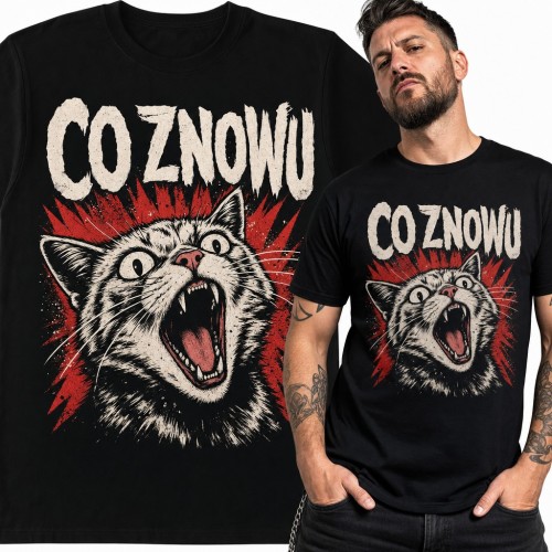 Koszulka męska „Co znowu” z wkurzonym krzyczącym kotem