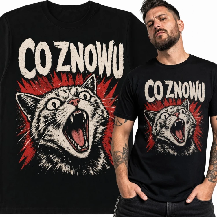 Koszulka męska „Co znowu” z wkurzonym krzyczącym kotem