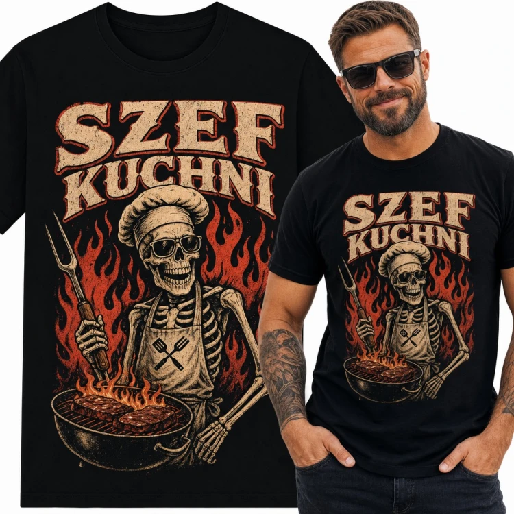 Koszulka męska „Szef kuchni” - szkielet grillujący steki dla kucharza