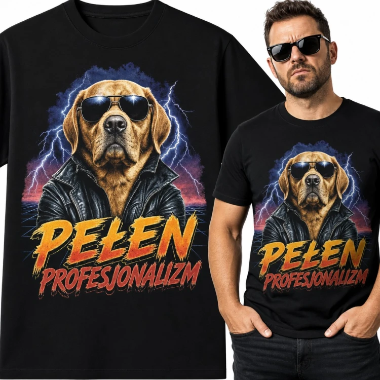 Koszulka męska „Pełen profesjonalizm” - labrador w okularach i skórzanej kurtce