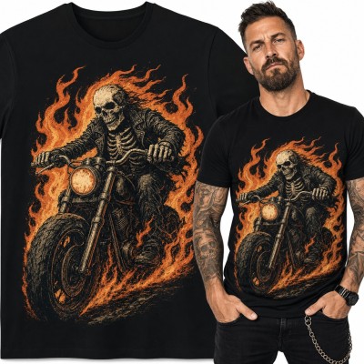 Koszulka męska szkielet na motocyklu w płomieniach - dla motocyklisty