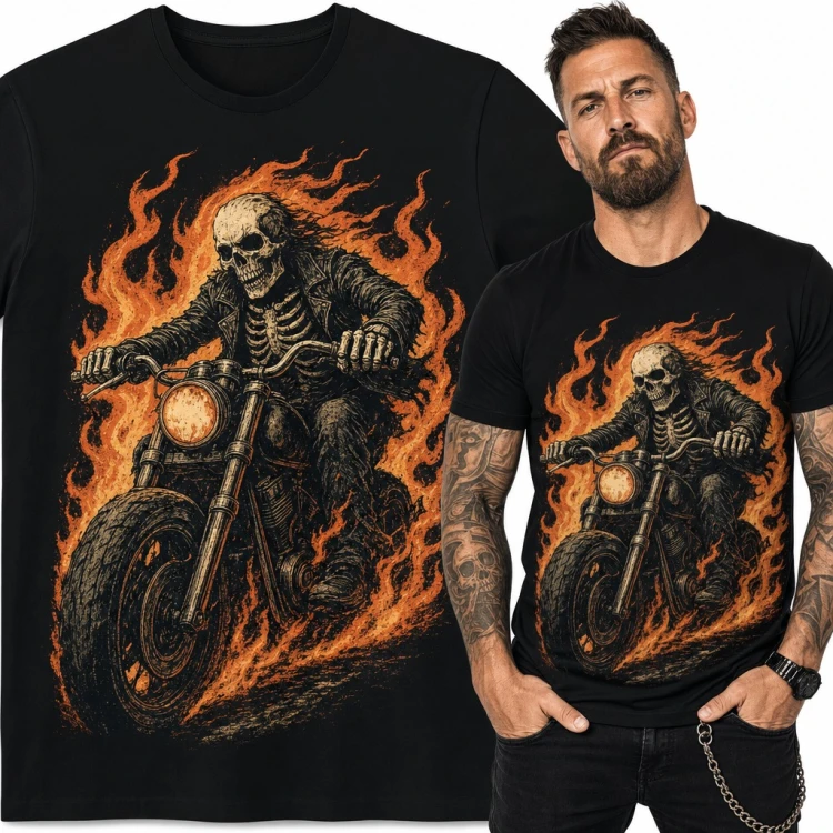 Koszulka męska szkielet na motocyklu w płomieniach - dla motocyklisty