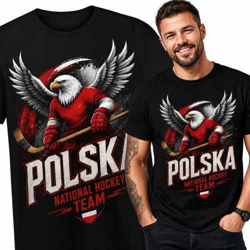 Koszulka męska dla kibica hokeja z orłem i napisem „Polska” - biało-czerwony wzór