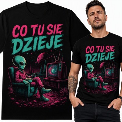 Koszulka męska „Co tu się dzieje” - kosmita z popcornem przed telewizorem