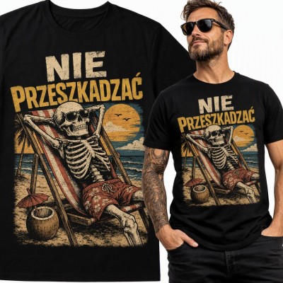 Koszulka męska „Nie przeszkadzać” - szkielet na leżaku na plaży