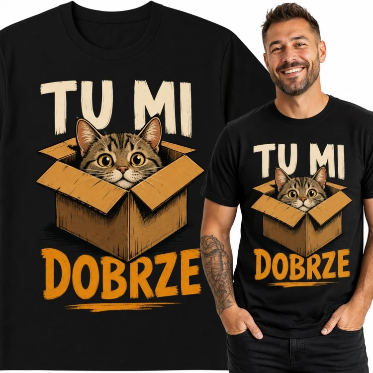 Koszulka męska z kotem w kartonie „Tu mi dobrze”