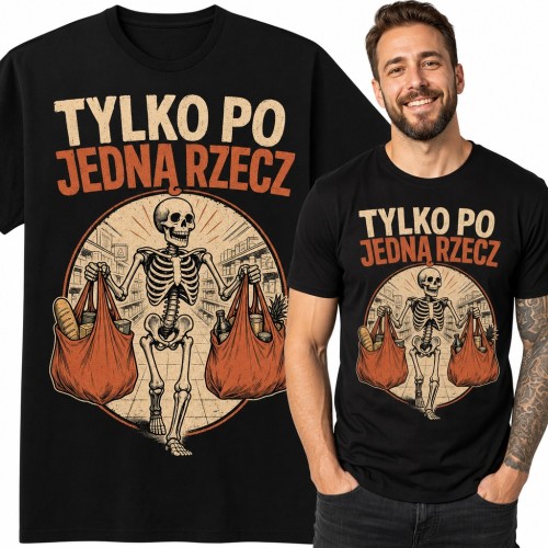 Koszulka męska „Tylko po jedną rzecz” - szkielet z siatkami zakupów