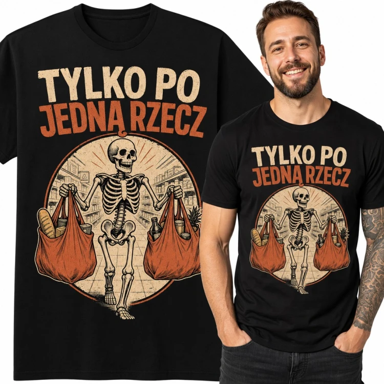 Koszulka męska „Tylko po jedną rzecz” - szkielet z siatkami zakupów