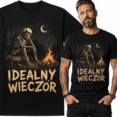 Koszulka męska „Idealny wieczór” - szkielet przy ognisku w lesie