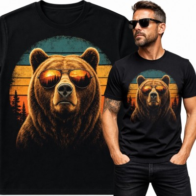 Koszulka męska niedźwiedź grizzly w okularach na tle retro zachodu słońca