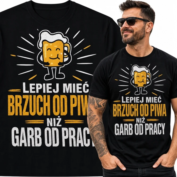 Koszulka męska z kuflem piwa „Lepiej mieć brzuch od piwa niż garb od pracy” - śmieszny motyw piwny
