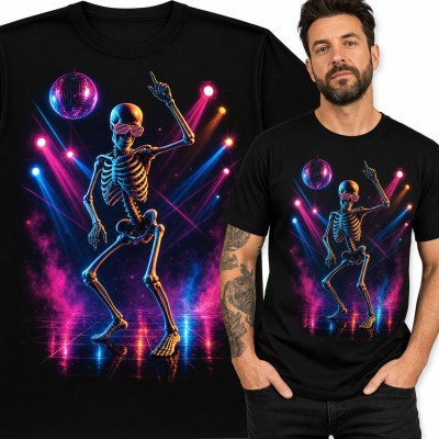 Koszulka męska tańczący szkielet disco w neonowych okularach