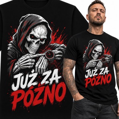 Koszulka męska z kostuchą i zegarkiem „Już za późno”